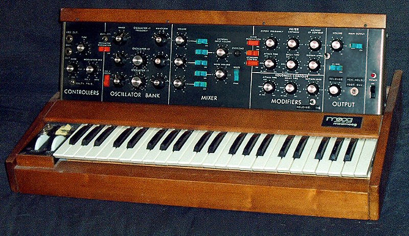 A Minimoog semi-modular system from the 1970s. Patch points are primarily on the top edge and hidden from view. Image public domain.