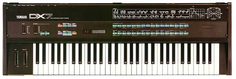 A Yamaha DX7 from the 1980s. Note the menu-based interface and relative lack of controls compared to modular and semi-modular synthesizers. Image public domain.