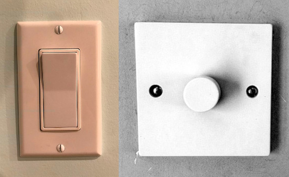 On/off light switch (left) and dimmer light switch (right). While on/off switches can only be at minimum or maximum voltage, dimmer switches can be at all voltages in between. Images © DemonDays64/CC-BY-4.0 and © Paolomarco/CC-BY-4.0.