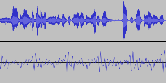 Six seconds of natural sound (upper) with no clear repeating structure and .03 seconds of that same sound (lower) with approximate repeating structure.